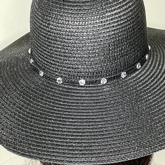 Boutique Gothic Wide Brim Black Straw Sun Hat Rhinestone Crystal Embellished main image 7